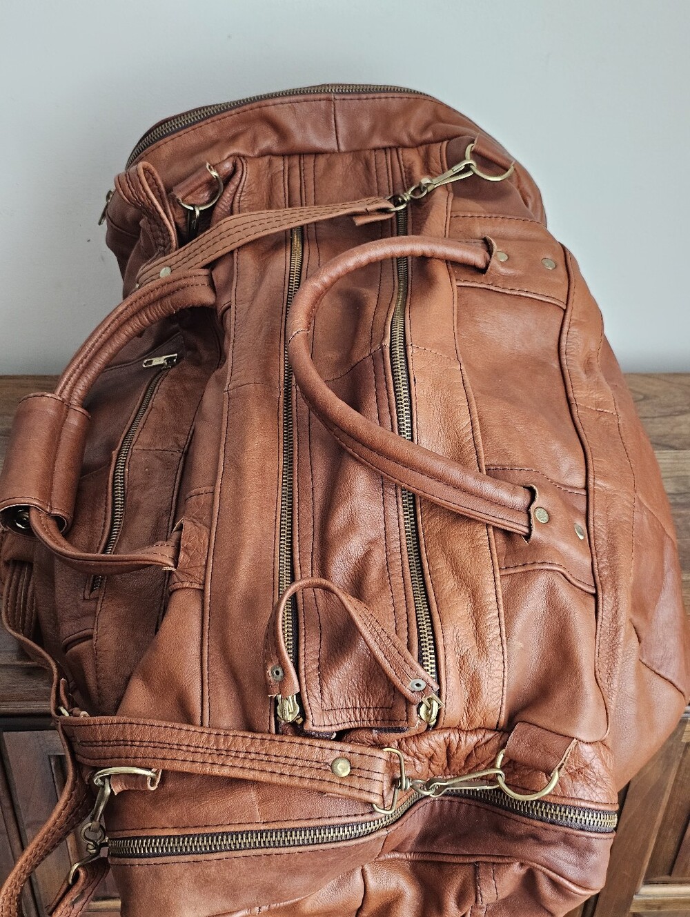 Vintage Genuine Leather Patchwork Weekender Duffel Travel Bag Cognac Brown Large - Picture 2 of 15